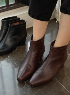 壹家shoes039023水晶羊皮短靴4.5cm方头粗跟加厚皮靴秋冬高跟女靴