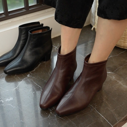 壹家shoes039023水晶羊皮短靴4.5cm方头粗跟加厚皮靴秋冬高跟女靴
