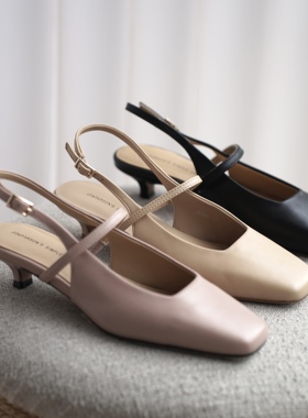 壹家shoes035052高跟包头凉鞋羊皮3.5cm2025单鞋法式方头女鞋真皮