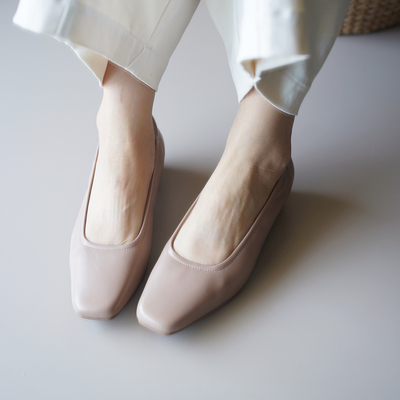 壹家shoes030011羊皮/牛漆皮3cm方头单鞋 气质粗跟浅口 真皮女鞋