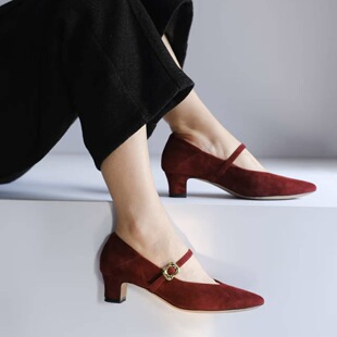 壹家shoes040006羊绒/羊皮4cm尖头玛丽珍粗跟百搭浅口单鞋高跟鞋