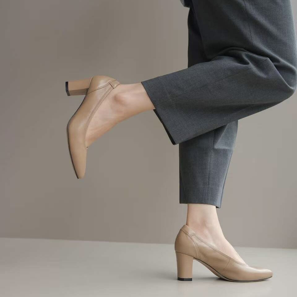 壹家shoes羊皮单鞋365106粗跟真皮6公分防磨脚防掉跟通勤女鞋不累