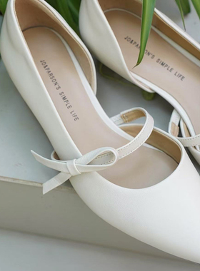 壹家shoes030009羊皮3cm包头凉鞋侧镂空尖头玛丽珍猫跟蝴蝶结单鞋