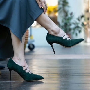 特惠壹家SHOES185105羊皮绒面8cm跟高百搭日常细跟交叉绑带防磨脚