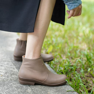 壹家shoes730017软摔纹小牛皮3cm平底靴真皮短靴圆头百搭秋冬女靴