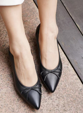 特惠壹家shoes035045羊皮3.5cm中跟尖头芭蕾风单鞋女百搭真皮女鞋