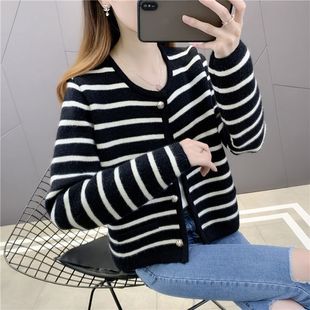 古力娜扎同款黑白条纹小香风针织开衫女新款秋冬外穿短款毛衣外套