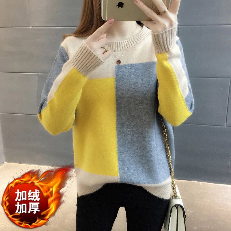 学生毛衣女2018秋冬新款韩版加绒加厚宽松长袖短款针织保暖打底衫