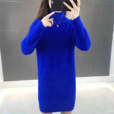 水貂绒毛衣女2022年秋冬新款宽松加厚中长款外套女士半高领打底衫