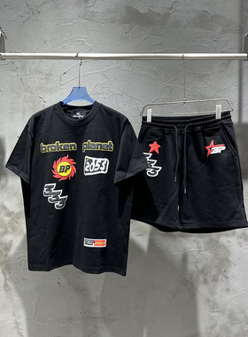 broken planet欧美高街潮牌夏季运动休闲宽松纯棉短袖T恤短裤套装