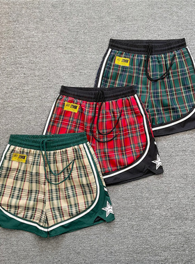 corteiz美式高街潮牌小众复古撞色格子五分裤夏季休闲抽绳短裤fog