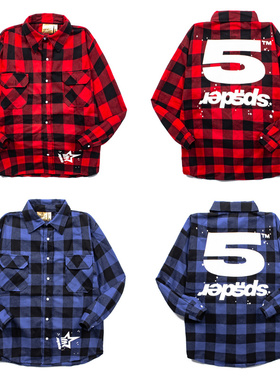 Sp5der 555555欧美说唱明星young thug同款嘻哈潮流格子长袖衬衫