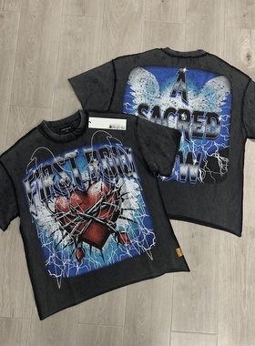 First Row小众欧美高街嘻哈时尚休闲潮牌印花烫钻做旧洗水短袖T恤