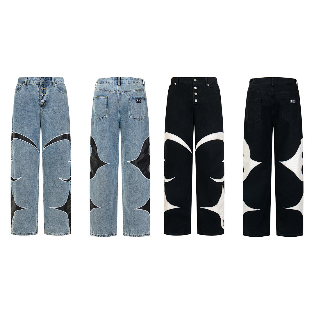 thugclub刺绣拼接直筒牛仔长裤