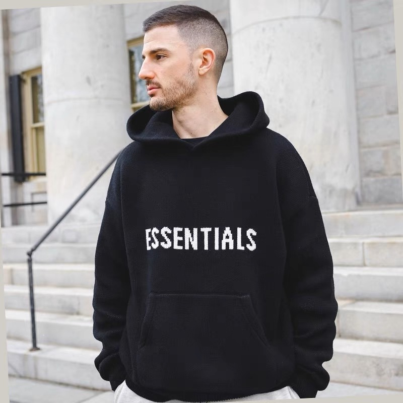 ESSENTIALS字母提花连帽针织毛衣