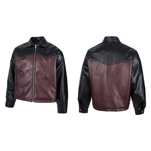 ERD忧郁的富二代欧美高街潮牌撞色拼接铆钉防风PU皮衣夹克外套INS