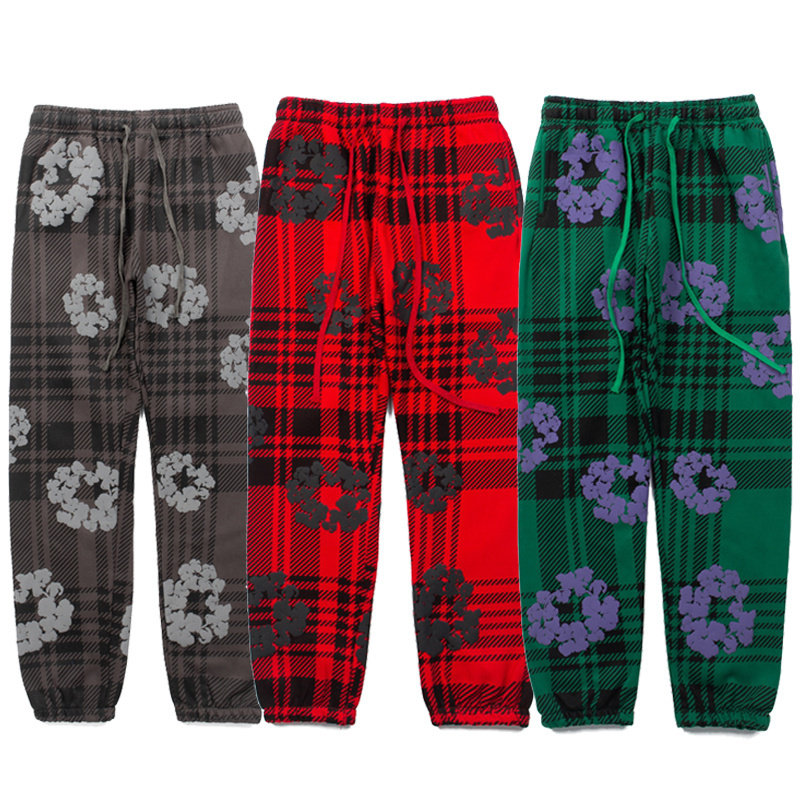 ins美式高街嘻哈潮牌秋冬休闲格子木棉花满印加绒抽绳束脚长裤子