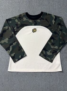 broken planet潮牌拼接撞色字母徽章刺绣宽松华夫格迷彩长袖T恤男