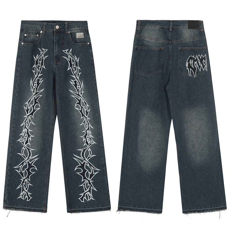 Revenge荆棘刺绣直筒牛仔长裤男