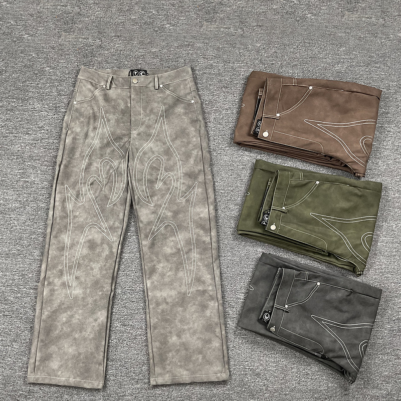 thugclub麂皮刺绣复古直筒长裤