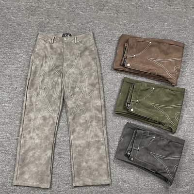 thugclub麂皮刺绣复古直筒长裤