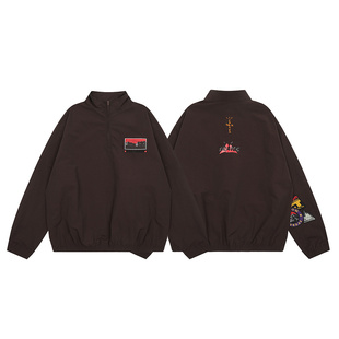Travis Scott春秋休闲山脉徽章刺绣宽松半拉链套头风衣外套夹克男