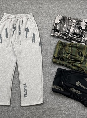 trapstar美式高街潮牌秋冬运动休闲字母刺绣宽松加绒直筒迷彩长裤