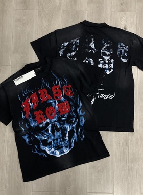 FIRST ROW FLAME美潮嘻哈高街复古做旧休闲字母骷髅印花短袖T恤夏