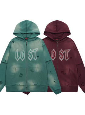 Lost intricacy美潮高街复古休闲烫钻破洞宽松纯棉开衫连帽卫衣男