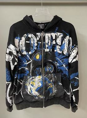 MIXED EMOTION美潮高街复古做旧洗水嘻哈印花纯棉开衫连帽卫衣FOG