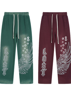 Lost intricacy洛杉矶复古高街美潮烫钻印花重磅纯棉休闲直筒长裤