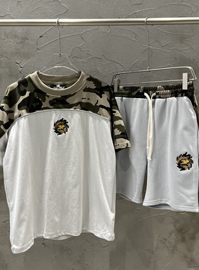 broken planet美潮高街夏季运动休闲撞色拼接迷彩纯棉T恤短裤套装