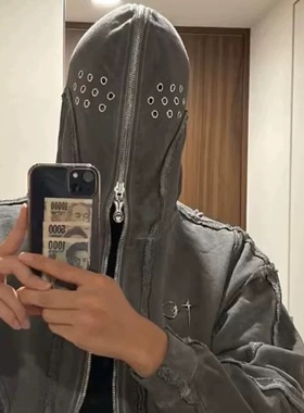 THUG CLUB VIBE水洗蜡染拉链鲨鱼蒙面开衫连帽卫衣重磅设计感外套