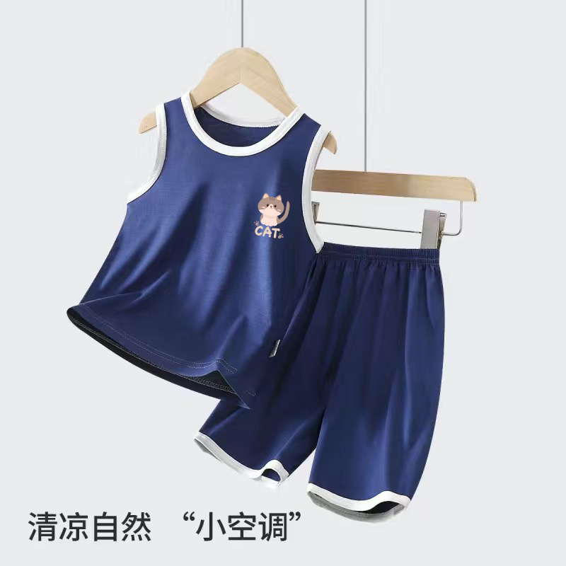 【买一送一】冰丝背心中小童男童睡衣夏季无袖短裤套装印花家居服