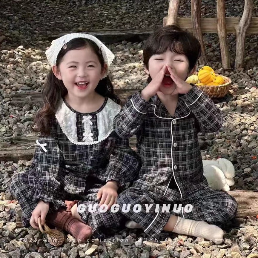 复古格子纯棉翻领开衫家居服睡衣