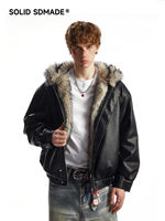 SOLID SDMADE American retro leather mountain carving jacket, a winter trendy brand for men and women, loose hooded cotton-padded jacket thumbnail 4