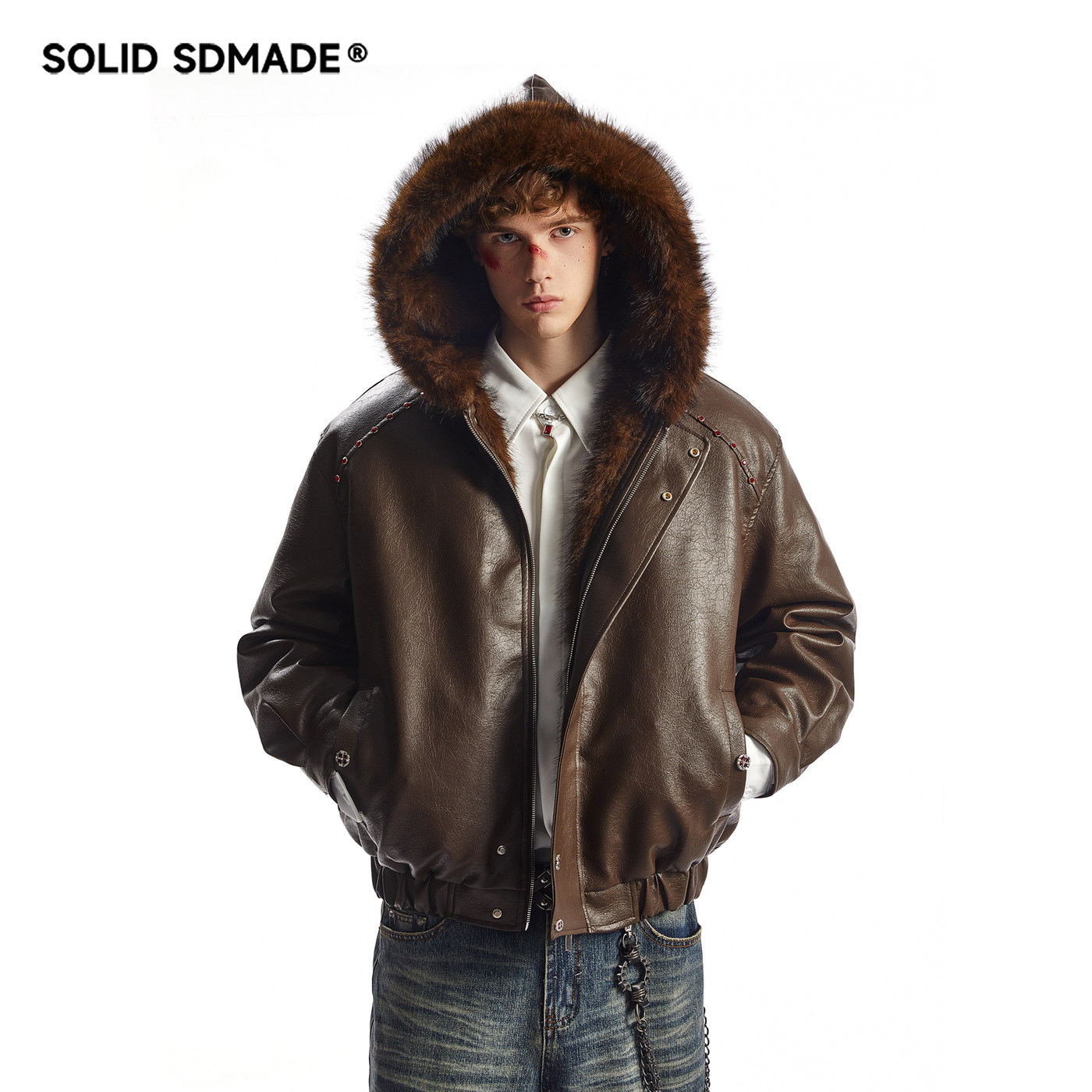 SOLID SDMADE 美式复古连帽座山雕棉服男女款冬季PU皮面夹克外套