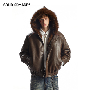 SOLID SDMADE 美式复古连帽座山雕棉服男女款冬季PU皮面夹克外套