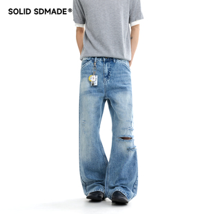 SOLID SDMADE 美式破洞水洗牛仔裤春季男女款高街vintage微喇长裤