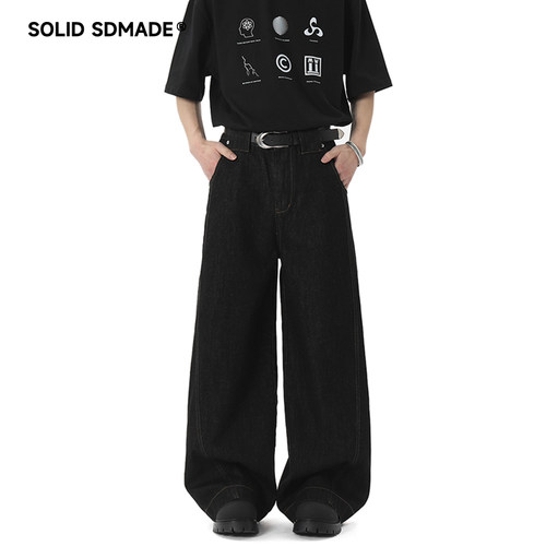SOLIDSDMADE 美式复古黑色牛仔裤男女宽松阔腿裤原色牛仔直筒裤子