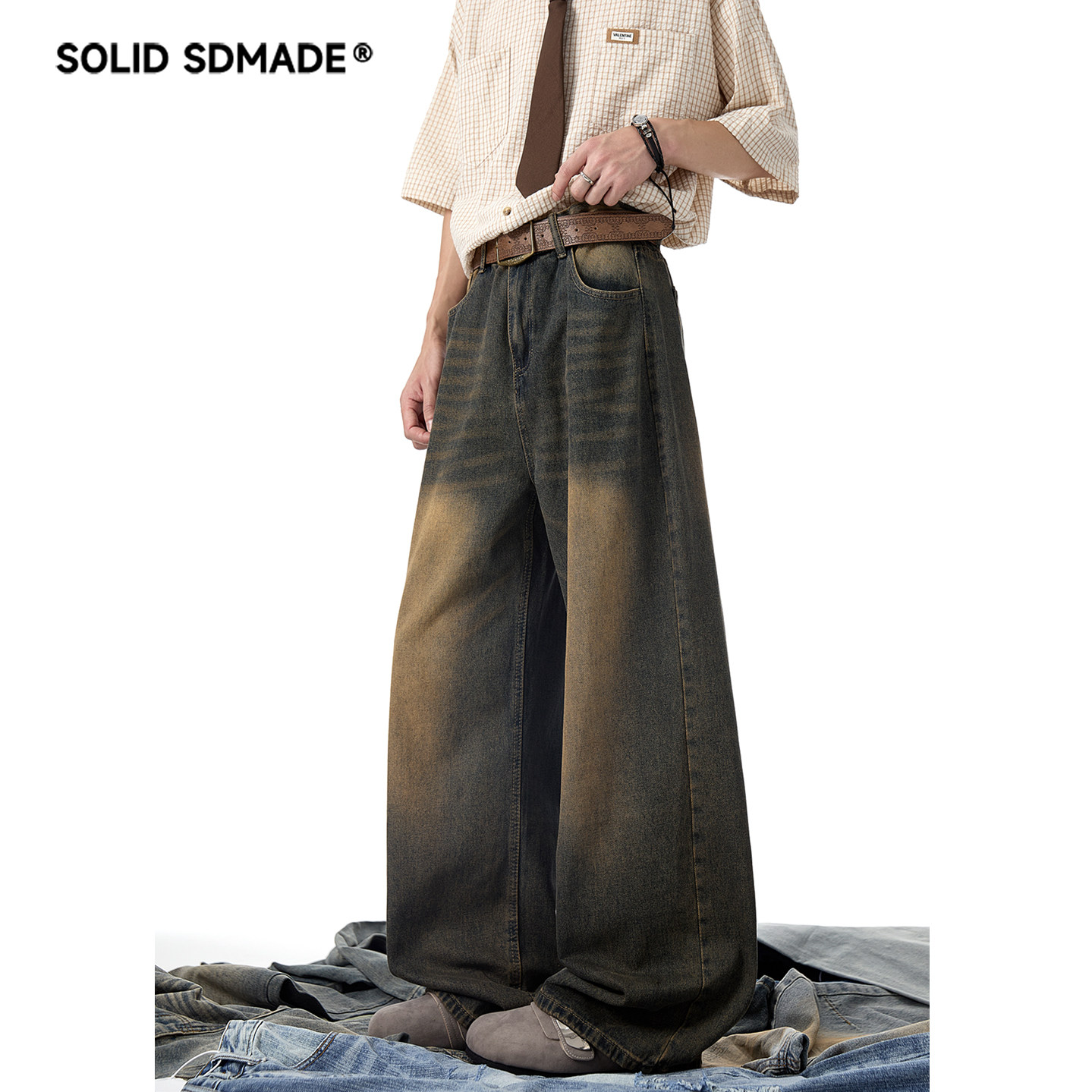 SOLID SDMADE 美式复古水洗做旧牛仔裤男女潮牌vintage宽松阔腿裤