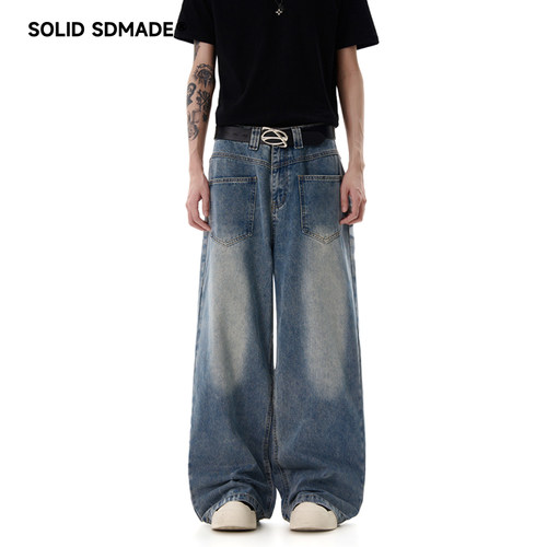 SOLIDSDMADE 美式直筒阔腿牛仔裤男女夏美式复古cleanfit休闲长裤