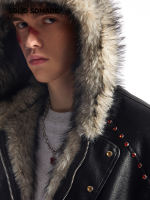 SOLID SDMADE American retro leather mountain carving jacket, a winter trendy brand for men and women, loose hooded cotton-padded jacket thumbnail 6