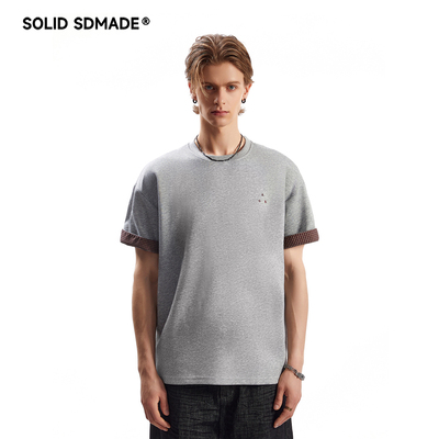 美式复古格纹翻边圆领短袖T恤男