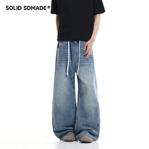 SOLID SDMADE 美式复古水洗做旧抽绳牛仔裤男女春夏宽松直筒长裤