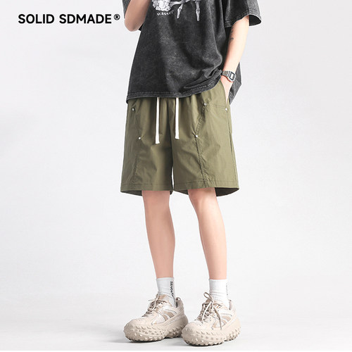 SOLIDSDAMDE 夏季短裤男美式复古铆钉休闲中裤宽松直筒运动五分裤