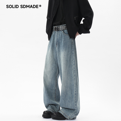 SOLIDSDMADE 美式复古水洗cleanfit蓝色牛仔裤男直筒阔腿休闲长裤