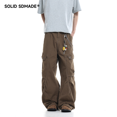 美式复古做旧褶皱侧口袋工装裤