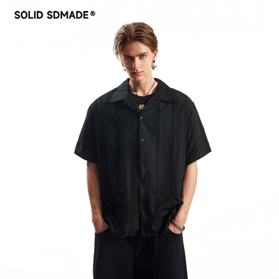 SOLID SDMADE 美式古巴领竖条纹短袖衬衫男夏季复古宽松开衫衬衣