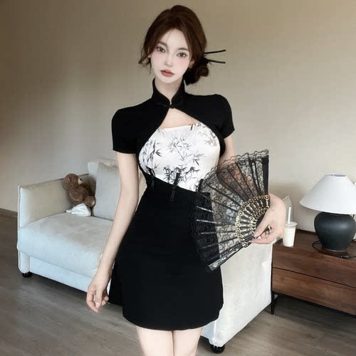 复古旗袍技师工作服两件套女